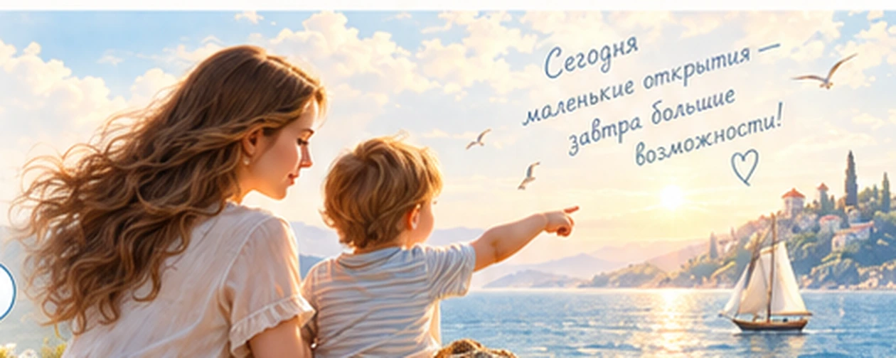 Мама с ребёнком смотрят на парусник вдали на фоне моря и тёплого неба